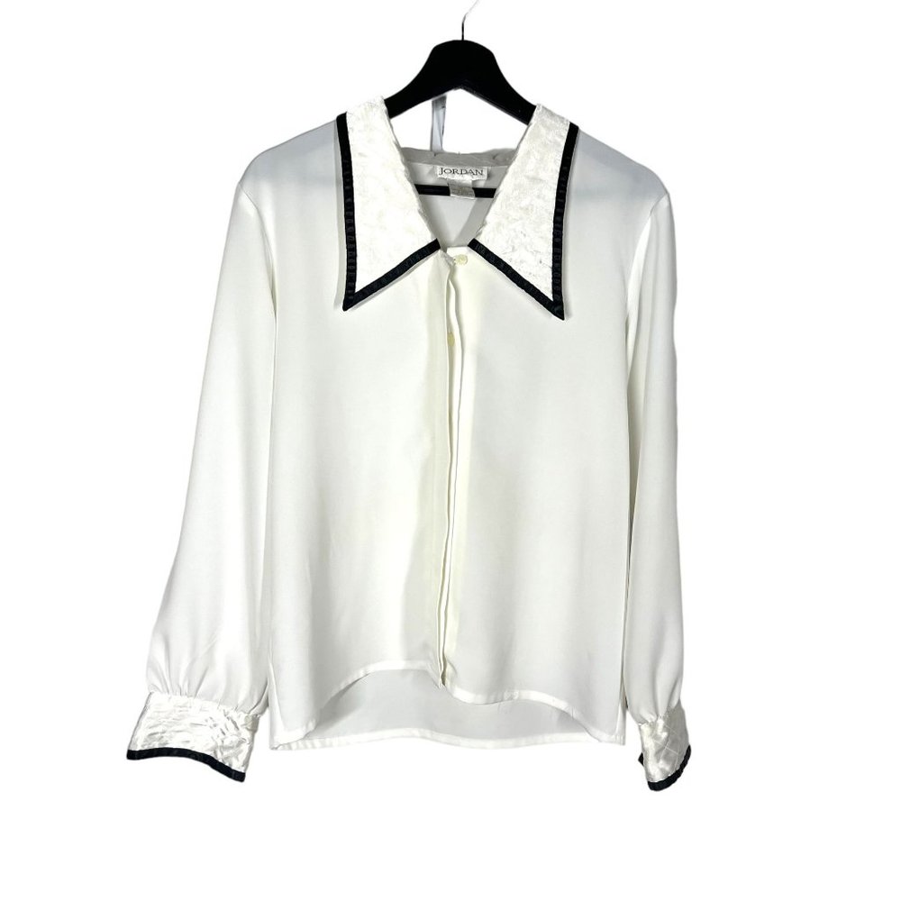 Vintage 90s White Black Trim Quilted Collar Long Sleeve Button Up Top Medium